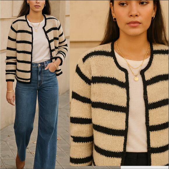 Sezane Vintage M Hand Knit Sweater Jacket SILK Cotton Stripe Neutrals Tan Black - Picture 1 of 10